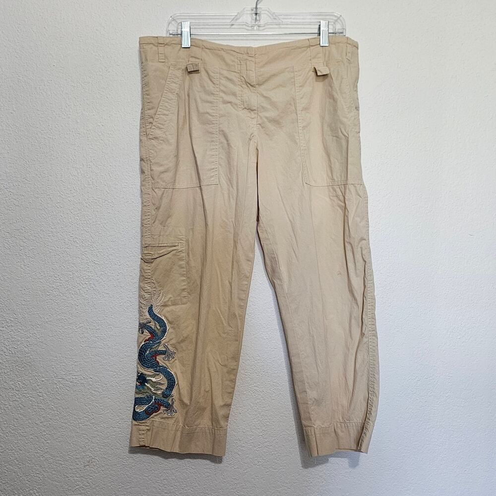 Johnny Was Khaki Tan Capri Pants Dragon Embroidred Women Medium Vintage Y2k